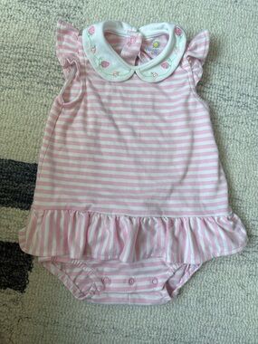 Florence Eiseman Pink & White Striped Baby Romper with Embroidered Flowers